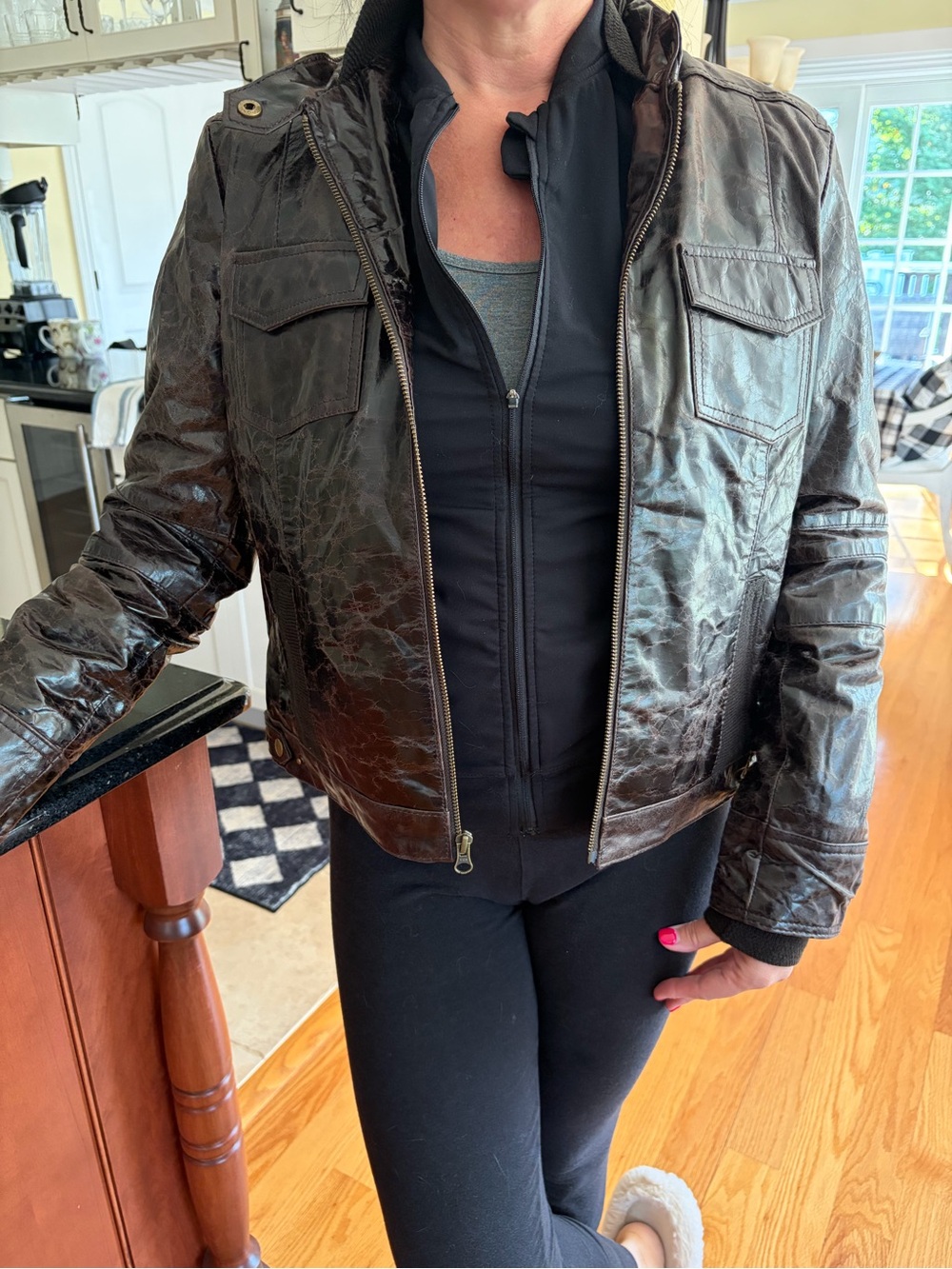 Nine West Women's Chocolate Brown Leather Bomber Jacket